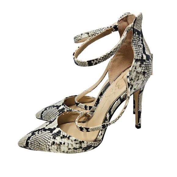 Jessica Simpson 7 Snakeskin Ankle Strap Heel Glam Career Black White Leather - Picture 1 of 5